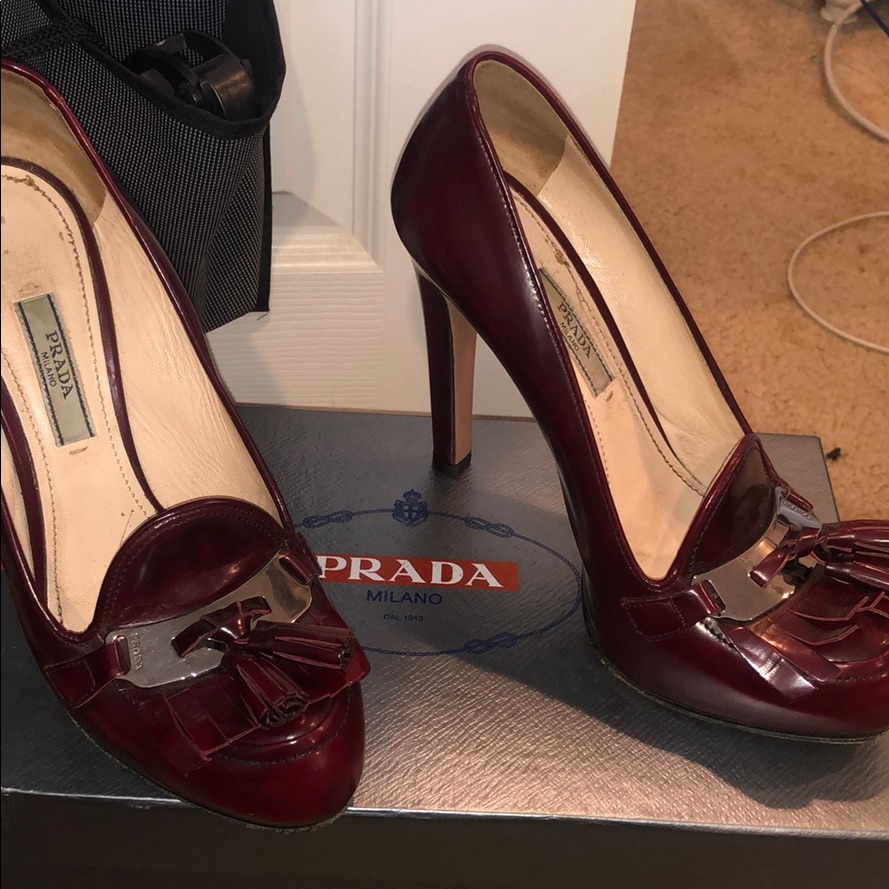 Merlot Prada Patent Leather Tassel Platform Loafer